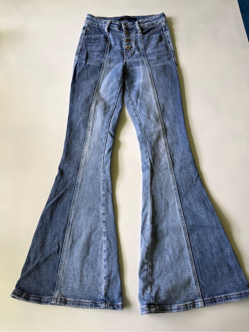 Flying Monkey Super Flare Jeans High Rise Hippy Boho Stretch two tone Size 24